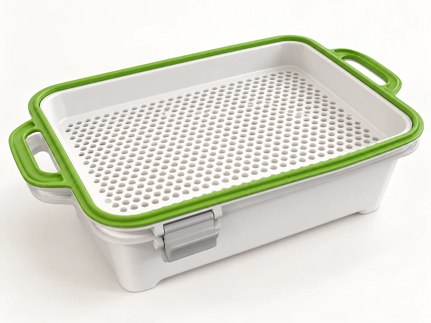 Revised Flip and Fresh tray-screen illustration with a perforated floor recessed about an inch below the green rim